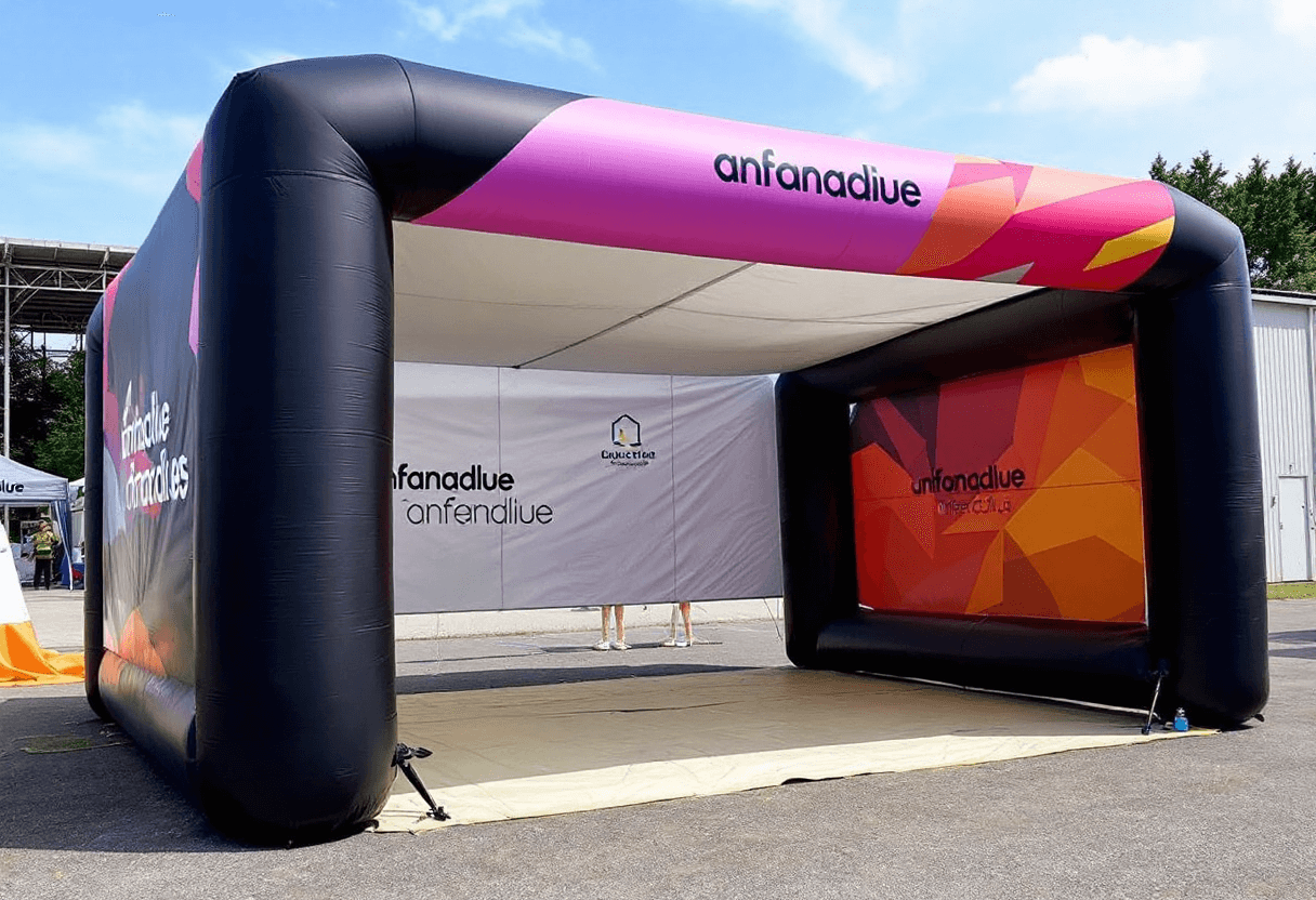 Abri gonflable publicitaire monté sur site événementiel extérieur.