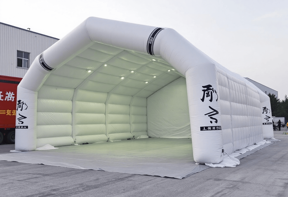 Abri gonflable de protection temporaire avec structure stable.