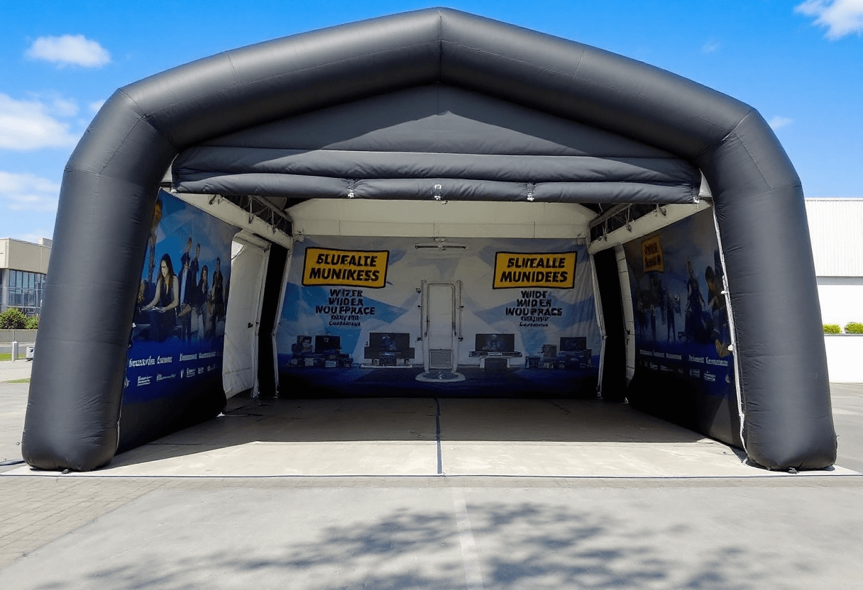 Abri gonflable utilisé comme espace de travail temporaire en extérieur.